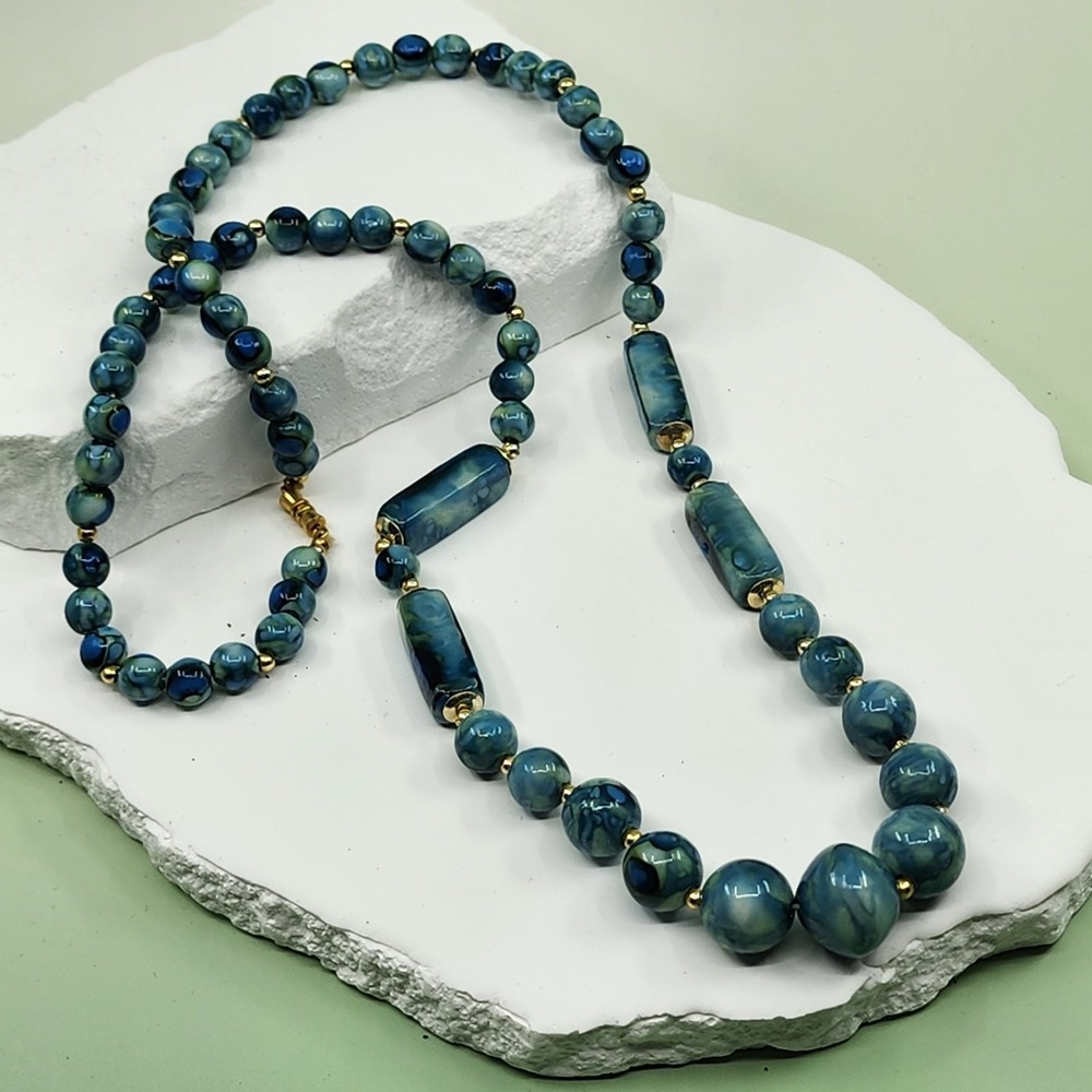 Blue Green Marbled Glass Bead Necklace Gold Tone Long Statement Boho Jewelry
